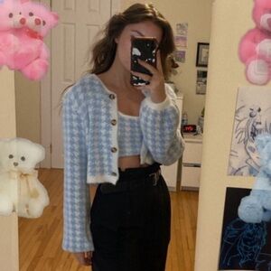 Blue Houndstooth Women's Cardigan and Top Set